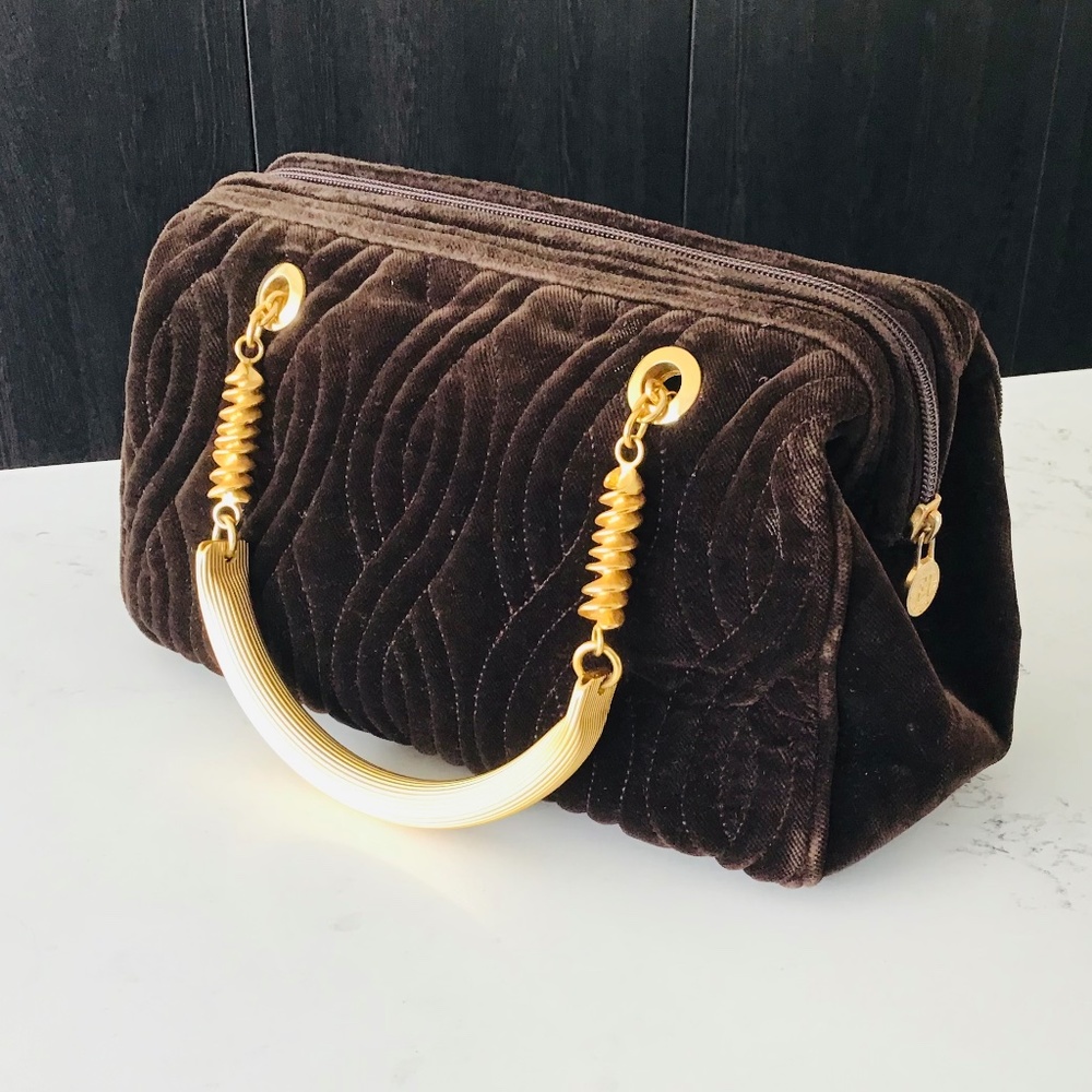 FENDI rare vintage handbag brown quilted velvet with gold handles - Picture 14 of 16